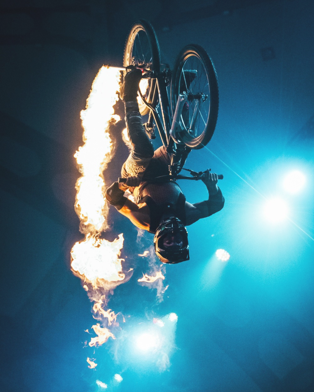 Ruso Bros performing a flaming freeride mountainbike show